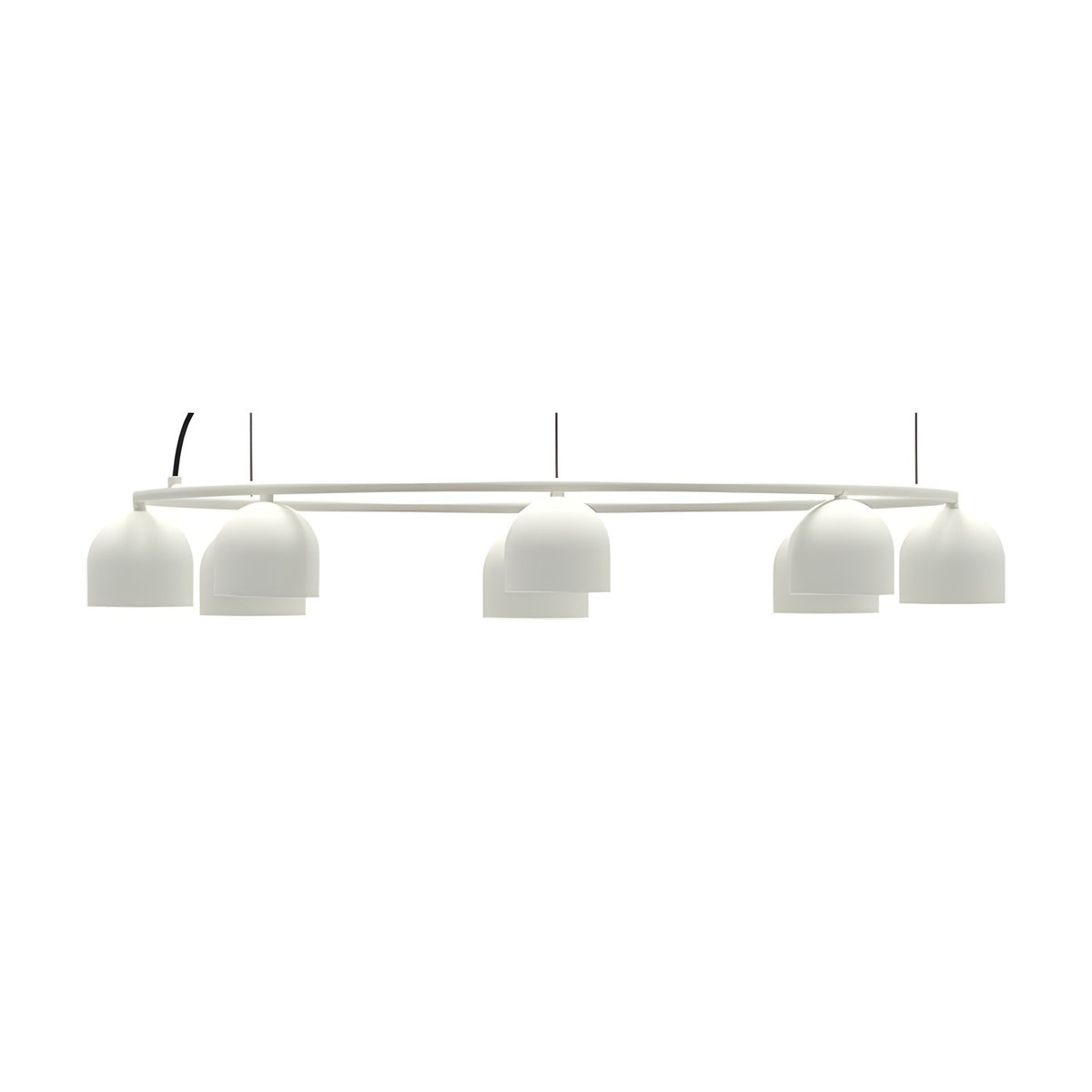 Rio 9 Circular Dome Ring Chandelier in matt white iron, a wide round ring fitted with six small dome shades for downward ambient light, shown on a plain white background.