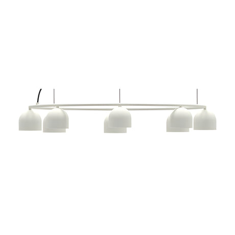 Rio 9 Circular Dome Ring Chandelier in matt white iron, a wide round ring fitted with six small dome shades for downward ambient light, shown on a plain white background.