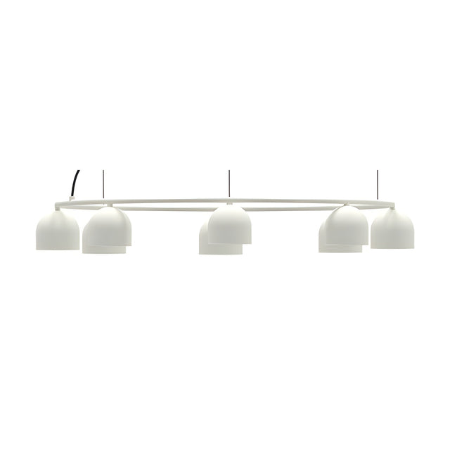 Rio 9 Circular Dome Ring Chandelier in matt white iron, a wide round ring fitted with six small dome shades for downward ambient light, shown on a plain white background.