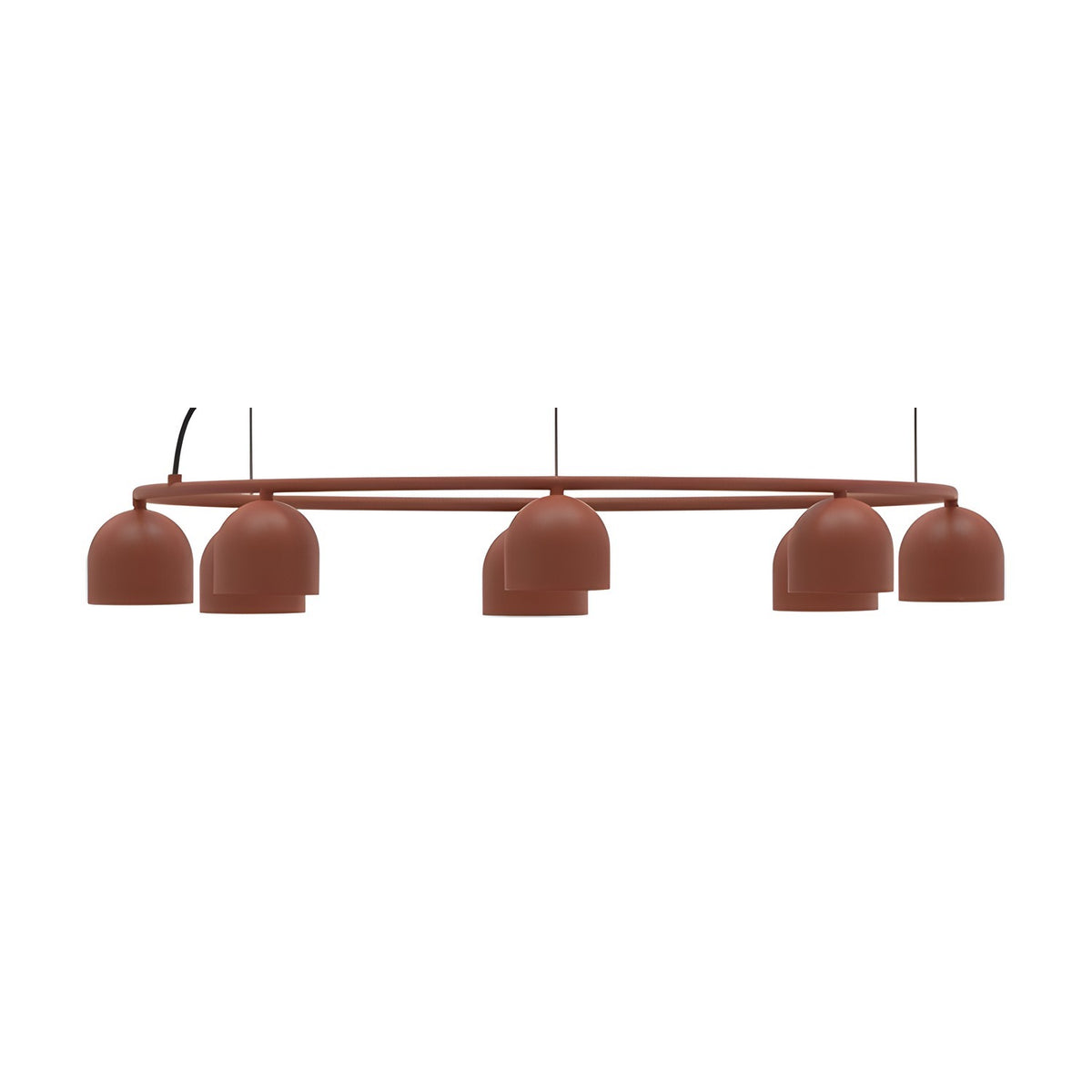 Rio 9 Circular Dome Ring Chandelier in red iron, featuring a slim circular ring with five visible small dome shades on suspension wires, shown on a plain white background.