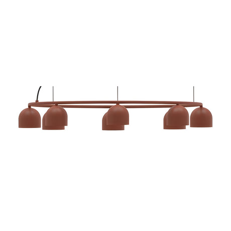 Rio 9 Circular Dome Ring Chandelier in red iron, featuring a slim circular ring with five visible small dome shades on suspension wires, shown on a plain white background.