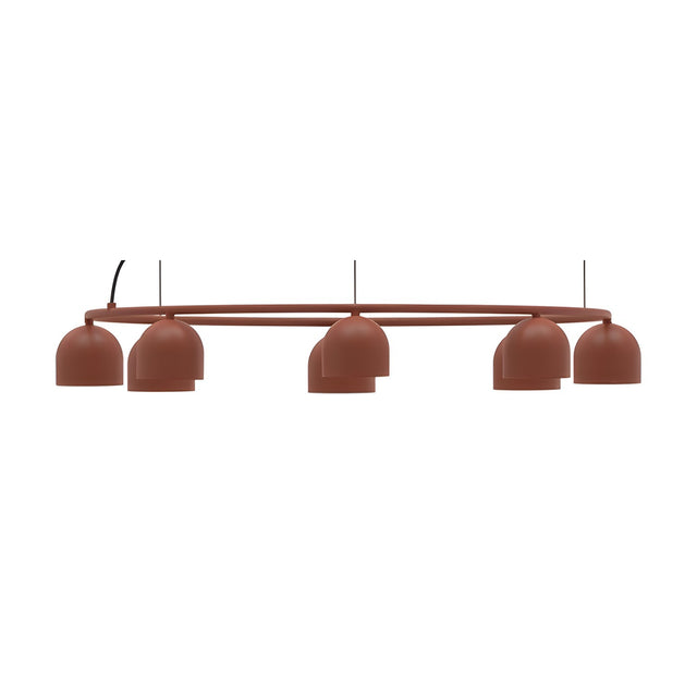 Rio 9 Circular Dome Ring Chandelier in red iron, featuring a slim circular ring with five visible small dome shades on suspension wires, shown on a plain white background.