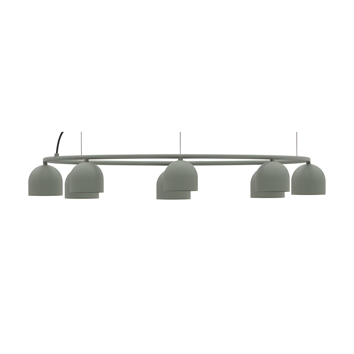 Rio 9 Circular Dome Ring Chandelier in green, a slim iron ring with five small dome shades angled downward, shown on a plain white background.