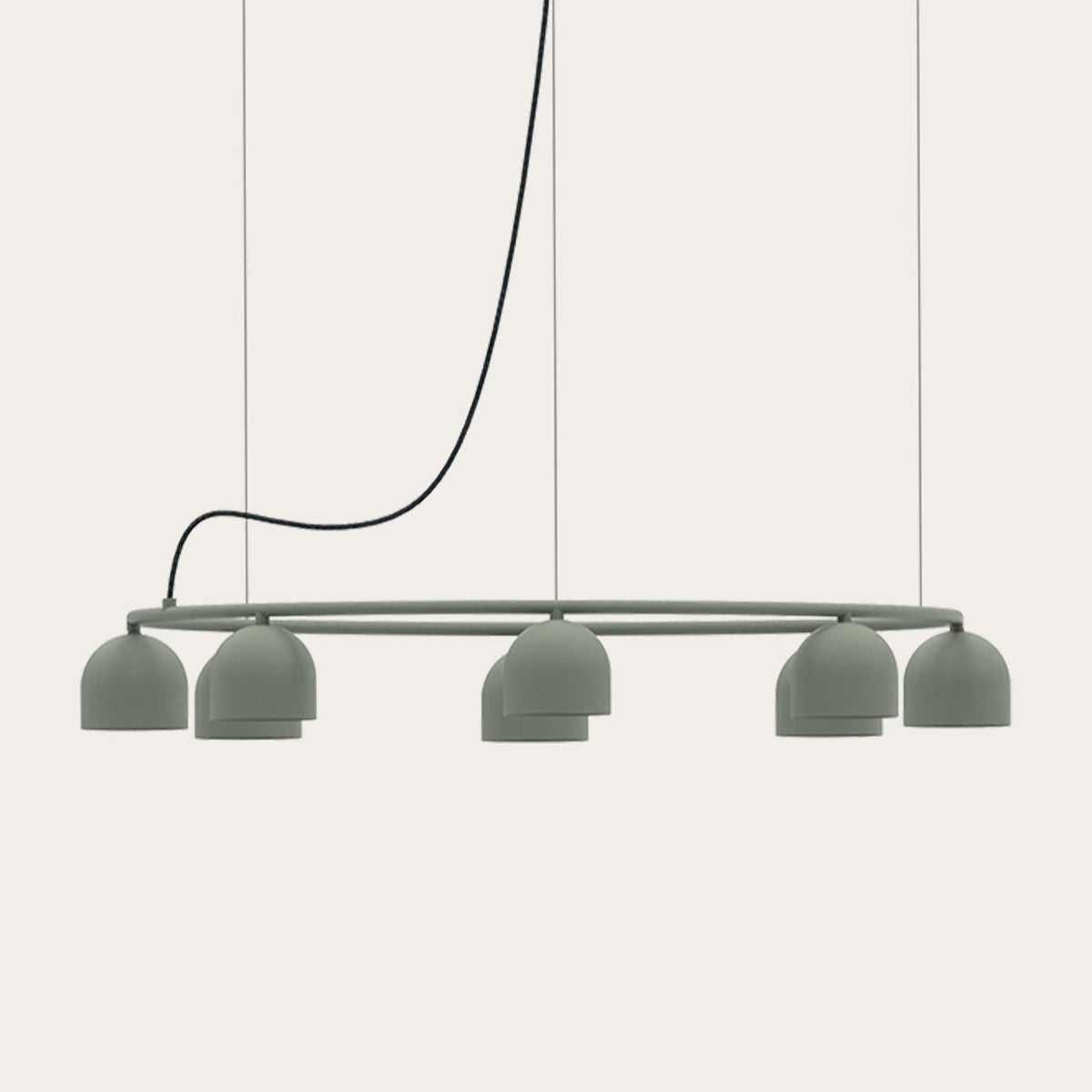 Rio 9 Circular Dome Ring Chandelier in green, a slim iron ring fitted with small downward-facing dome shades, suspended on cables against a plain light background.