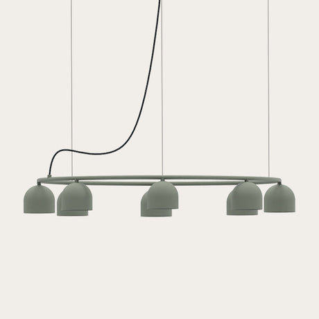 Rio 9 Circular Dome Ring Chandelier in green, a slim iron ring fitted with small downward-facing dome shades, suspended on cables against a plain light background.