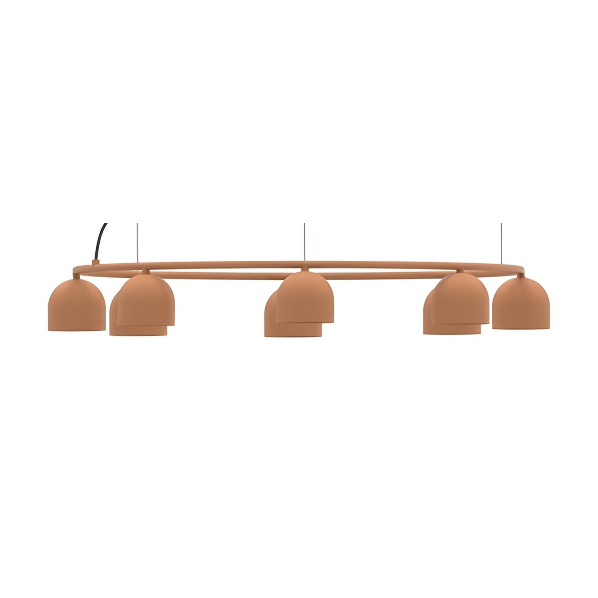 Rio 9 Circular Dome Ring Chandelier in terracotta, a slim iron ring suspending five dome shades on fine wires, shown on a plain white background.