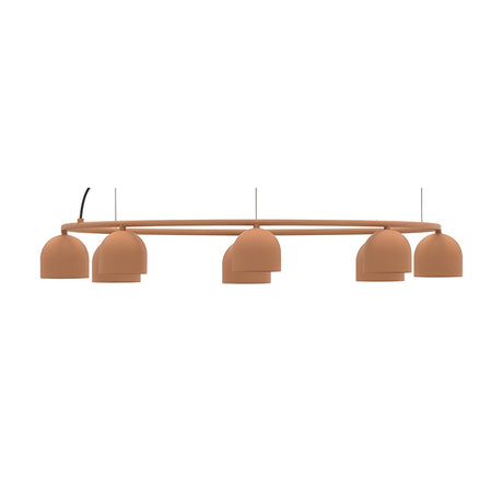 Rio 9 Circular Dome Ring Chandelier in terracotta, a slim iron ring suspending five dome shades on fine wires, shown on a plain white background.