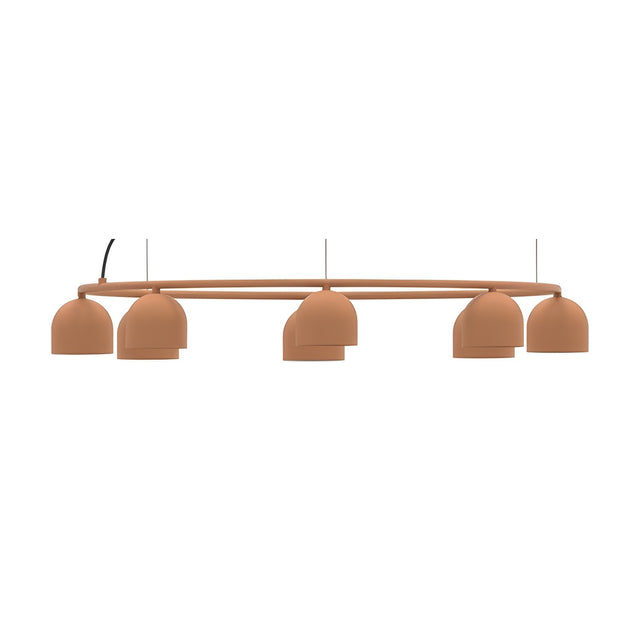 Rio 9 Circular Dome Ring Chandelier in terracotta, a slim iron ring suspending five dome shades on fine wires, shown on a plain white background.