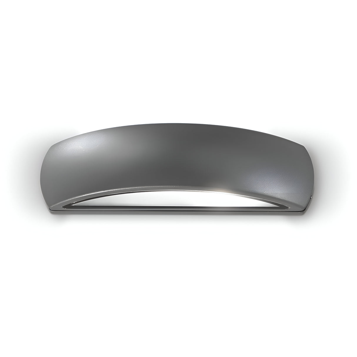 The Solara Outdoor Wall Light in anthracite features a sleek, curved design ideal for modern exteriors. This weather-resistant metallic fixture emits a glowing light from its lower section, softly illuminating the wall to create a stylish ambiance.