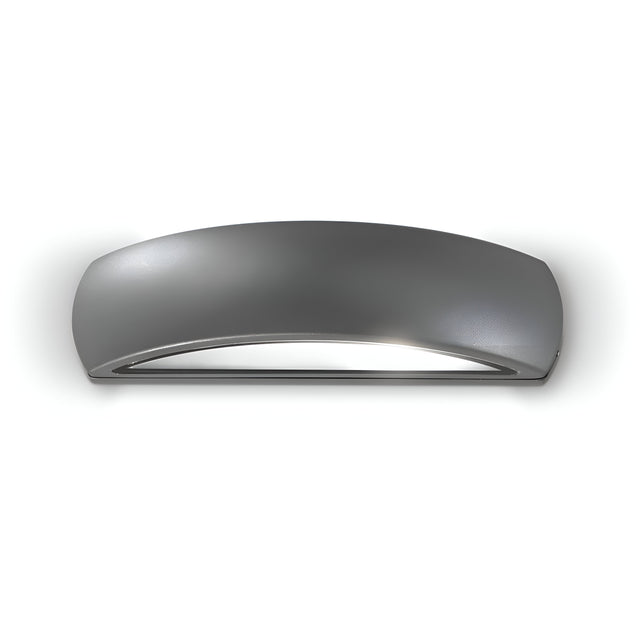 The Solara Outdoor Wall Light in anthracite features a sleek, curved design ideal for modern exteriors. This weather-resistant metallic fixture emits a glowing light from its lower section, softly illuminating the wall to create a stylish ambiance.