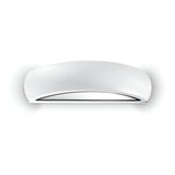 The Solara Outdoor Wall Light, featuring a sleek and modern design in silver metallic powder-coated aluminum with a curved shape, elegantly stands out against a plain white background. This fixture emits a soft, diffused light and boasts an IP54 rating, making it perfect for outdoor use as it creates an inviting gentle glow.