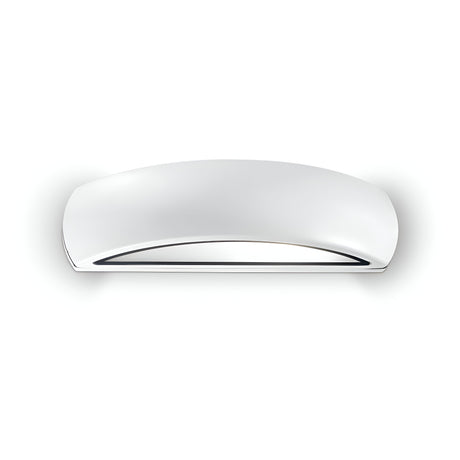 The Solara Outdoor Wall Light, featuring a sleek and modern design in silver metallic powder-coated aluminum with a curved shape, elegantly stands out against a plain white background. This fixture emits a soft, diffused light and boasts an IP54 rating, making it perfect for outdoor use as it creates an inviting gentle glow.