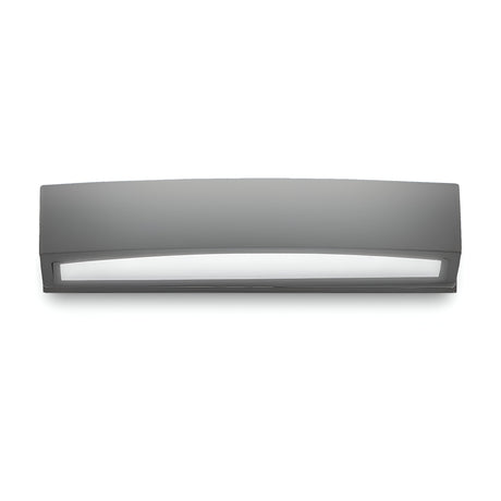 The Lunar 2 Light Outdoor Wall Light in anthracite exudes modern elegance with its sleek, curved design. It features a gray and black exterior, complemented by a rectangular shape and double diffuser design. The light source is covered by a frosted glass panel, enhancing its contemporary appeal.