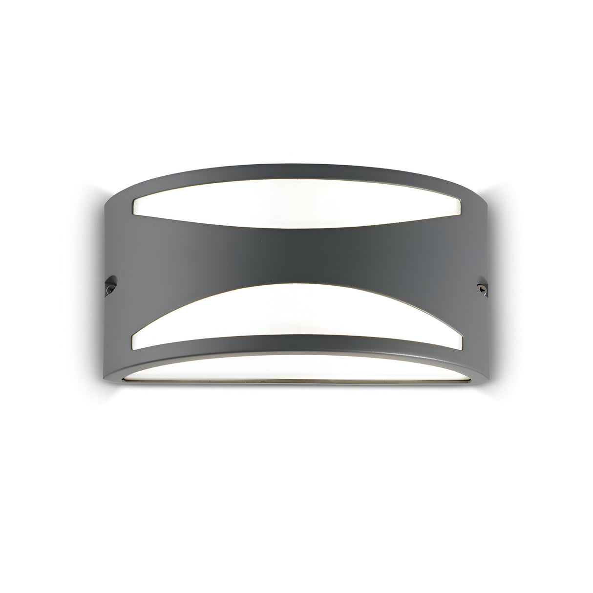 Introducing the Venus-2 Outdoor Wall Light in grey: a contemporary wall sconce crafted from die-cast aluminium with a sleek curved design. It features two rectangular cutouts that elegantly allow light to pass through while providing modern style and an IP44 rating for durability.