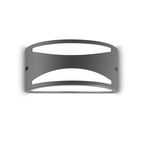 Introducing the Venus-2 Outdoor Wall Light in grey: a contemporary wall sconce crafted from die-cast aluminium with a sleek curved design. It features two rectangular cutouts that elegantly allow light to pass through while providing modern style and an IP44 rating for durability.