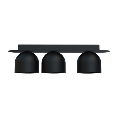 Rio 9 Dome Linear Flush Ceiling Light in matt black iron, featuring three dome shades beneath a flat rectangular bar, shown on a plain white background.