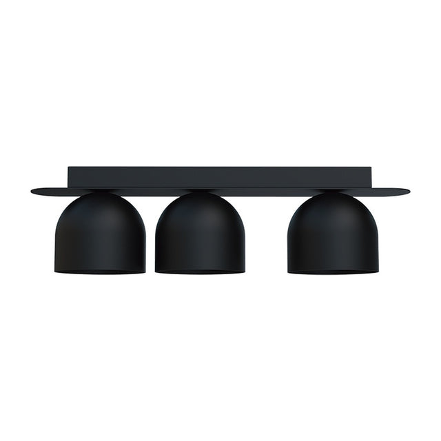Rio 9 Dome Linear Flush Ceiling Light in matt black iron, featuring three dome shades beneath a flat rectangular bar, shown on a plain white background.