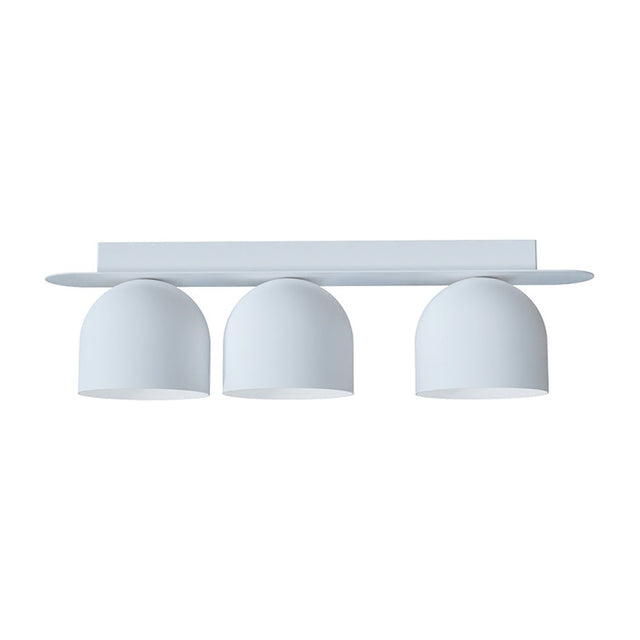 Rio 9 Dome Linear Flush Ceiling Light in matt white, featuring three rounded dome shades on a slim iron ceiling plate, shown against a plain white background.