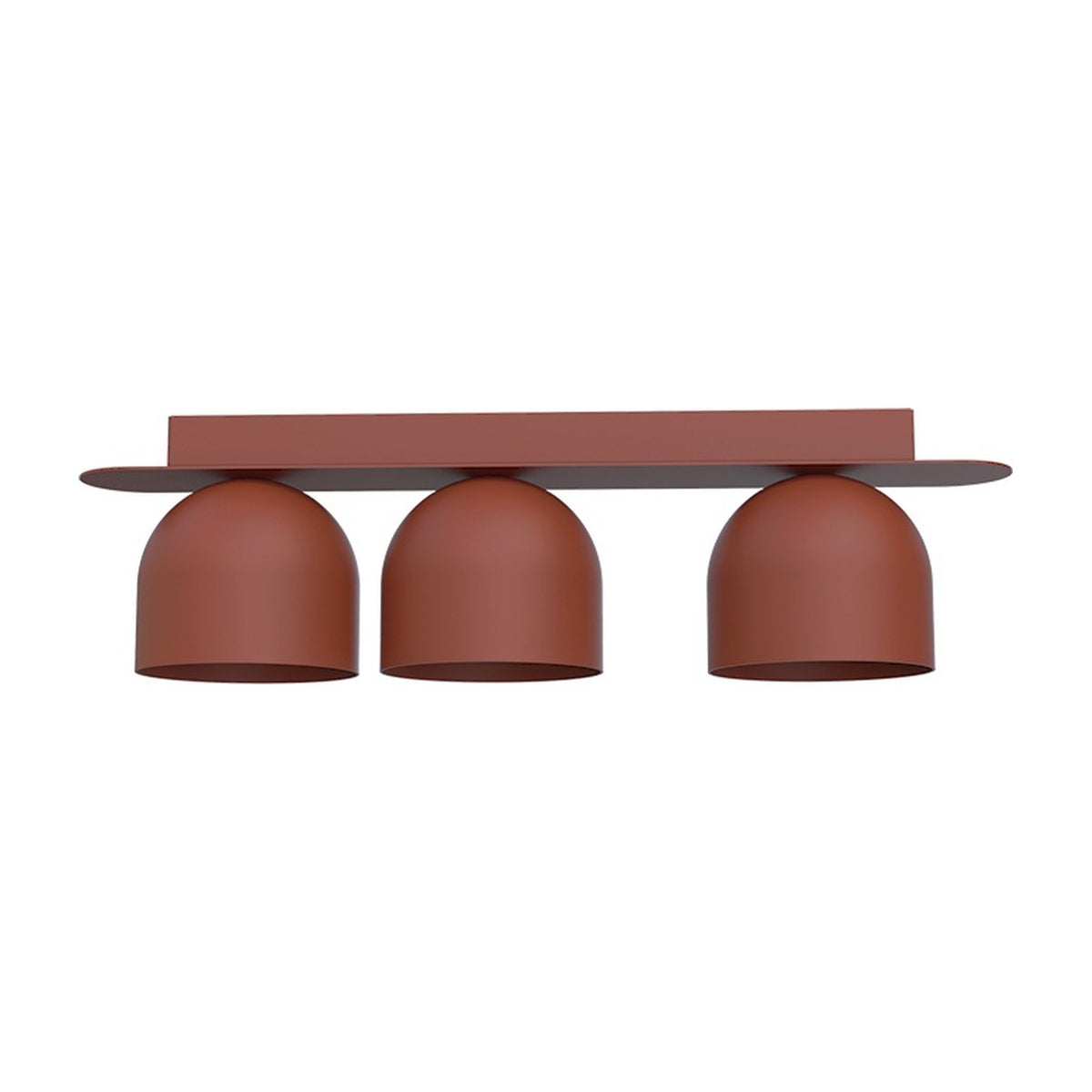 Rio 9 Dome Linear Flush Ceiling Light in red, featuring an iron backplate with three downward-facing dome shades, shown on a plain white background.