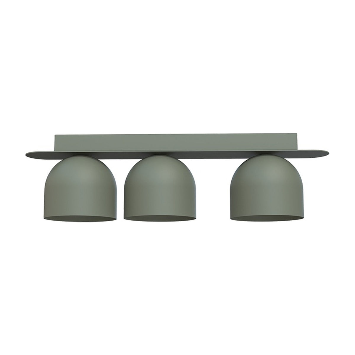 Rio 9 Dome Linear Flush Ceiling Light in green, featuring three dome shades on a slim rounded iron backplate, shown on a plain white background.