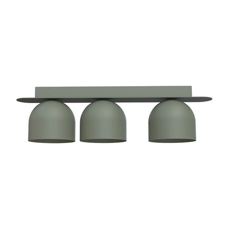 Rio 9 Dome Linear Flush Ceiling Light in green, featuring three dome shades on a slim rounded iron backplate, shown on a plain white background.