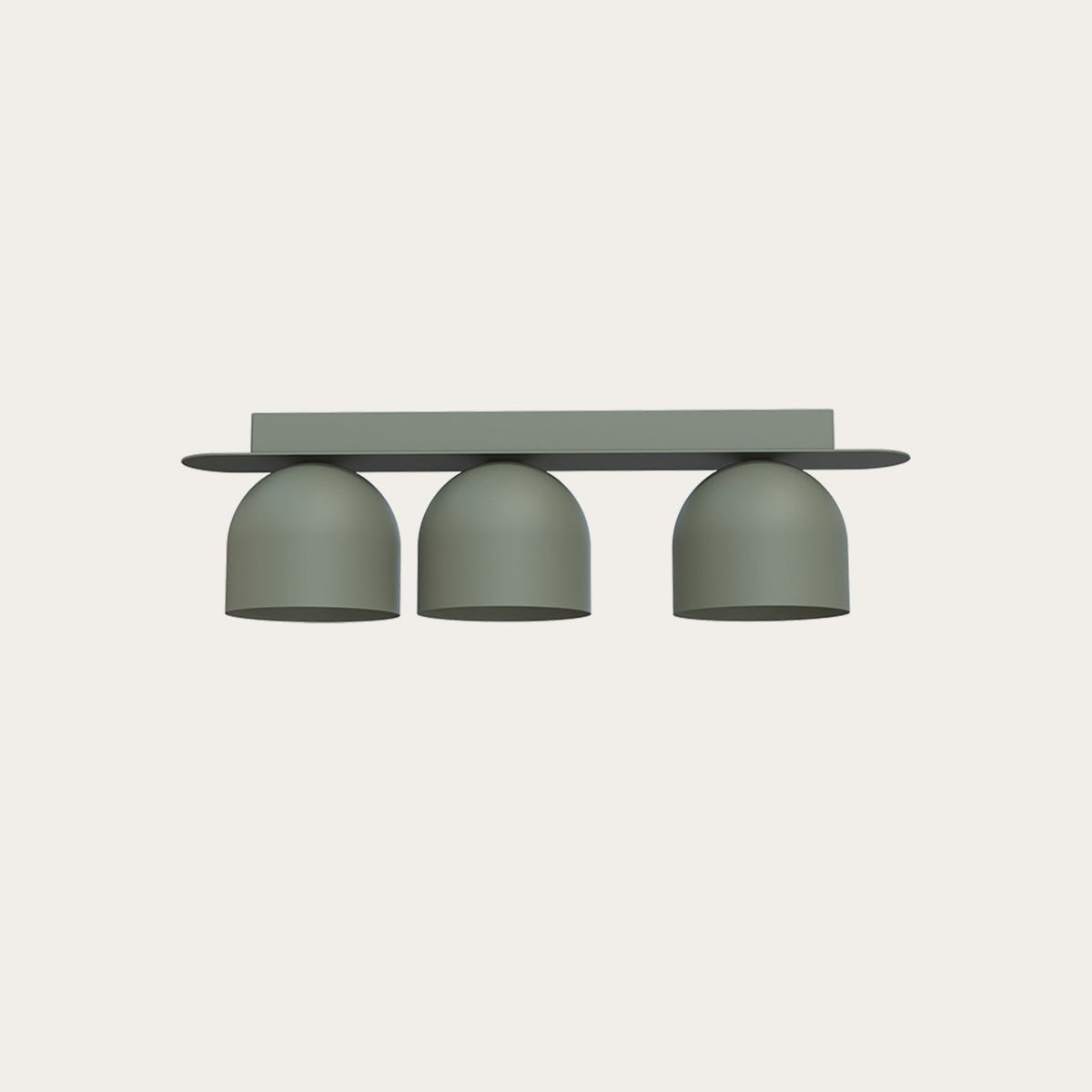 Rio 9 Dome Linear Flush Ceiling Light in green, showing three dome shades in a row beneath a slim rounded backplate, iron finish, set against a plain light background.