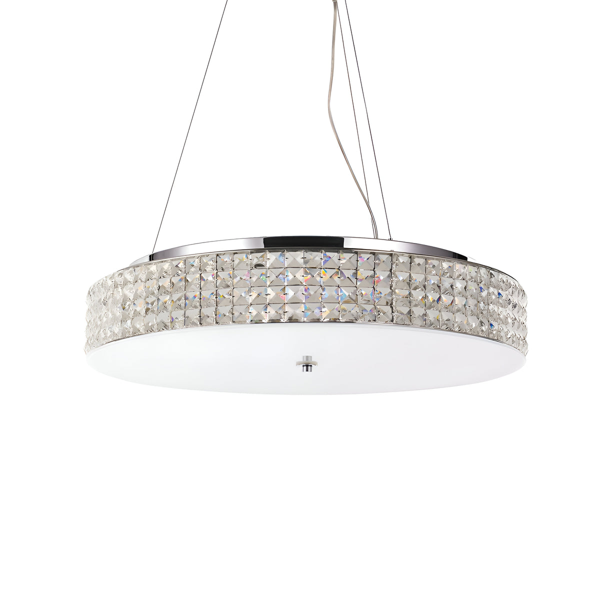 The Nebula 12 Light Crystal Suspension - Chrome is a stylish lighting fixture featuring a circular chrome design and crystal-studded rim, elegantly suspended by adjustable cables. It showcases a frosted glass bottom, offering an elegant and contemporary aesthetic.