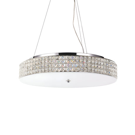 The Nebula 12 Light Crystal Suspension - Chrome is a stylish lighting fixture featuring a circular chrome design and crystal-studded rim, elegantly suspended by adjustable cables. It showcases a frosted glass bottom, offering an elegant and contemporary aesthetic.