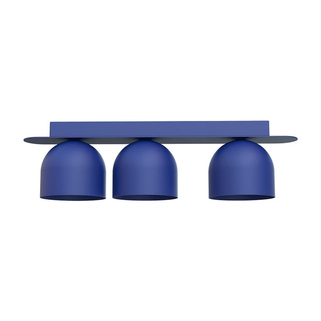 Rio 9 Dome Linear Flush Ceiling Light in blue, featuring three dome shades beneath a slim rectangular canopy, iron construction, shown on a plain white background.