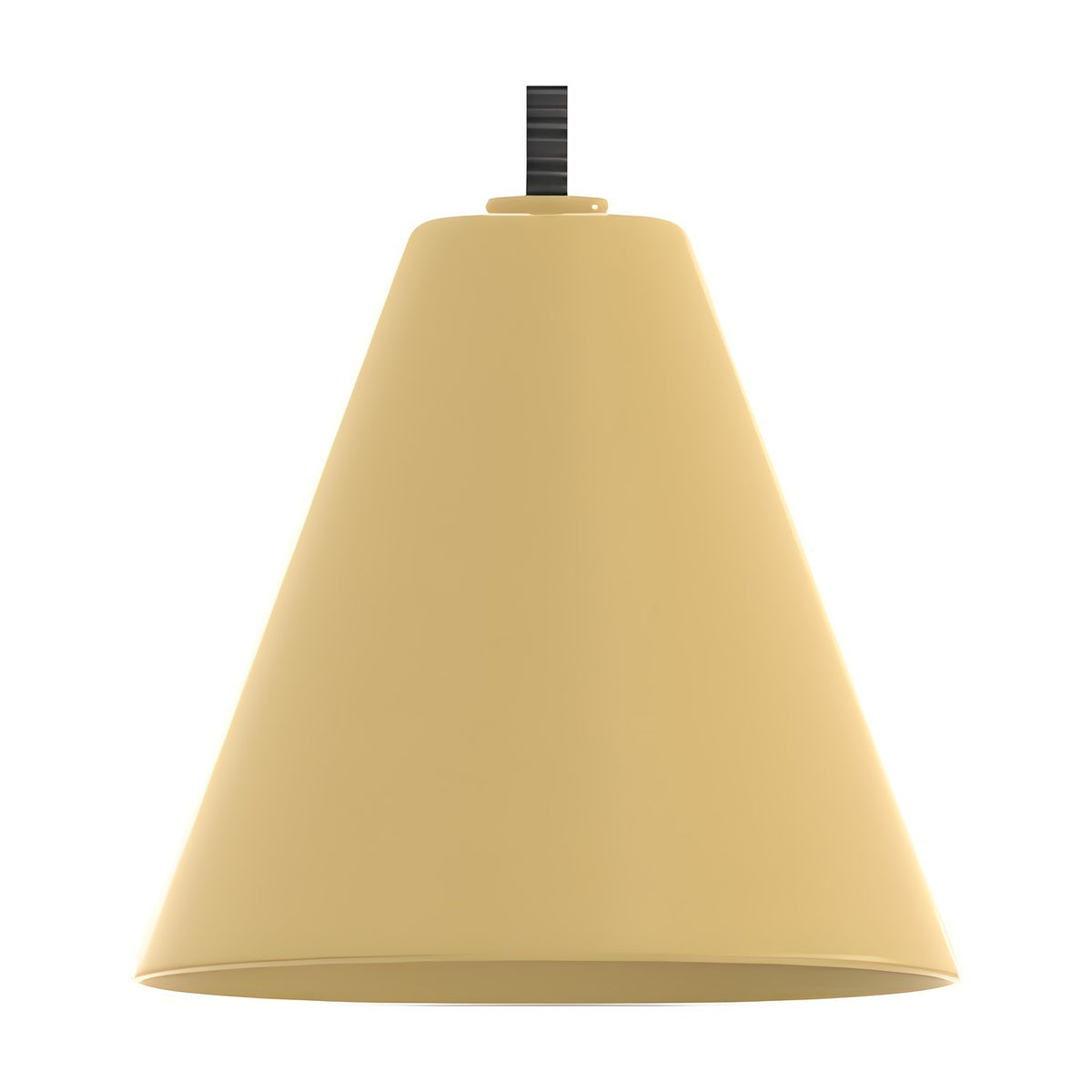 Rimini LED Cone DALI Dimmable Pendant Light in yellow, showing a wide conical iron shade on a dark textile cable, set against a plain white background.