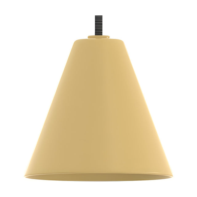 Rimini LED Cone DALI Dimmable Pendant Light in yellow, showing a wide conical iron shade on a dark textile cable, set against a plain white background.