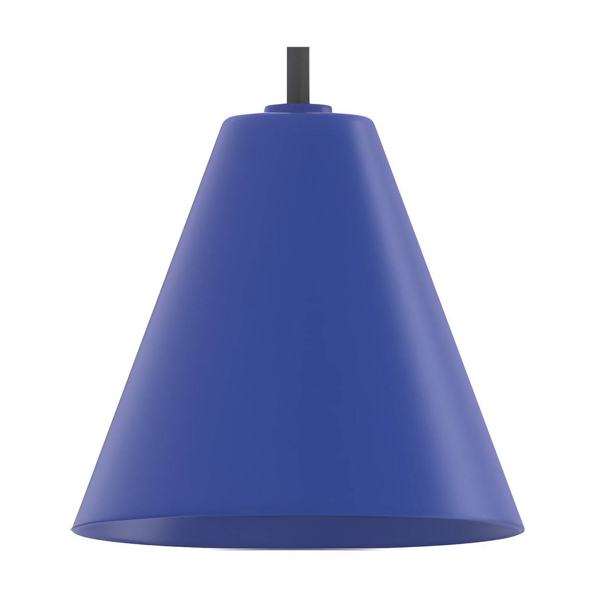 Rimini LED Cone DALI Dimmable Pendant Light in blue, an iron cone shade tapering from narrow crown to wide rim, hung from a black textile cable on a plain white background.