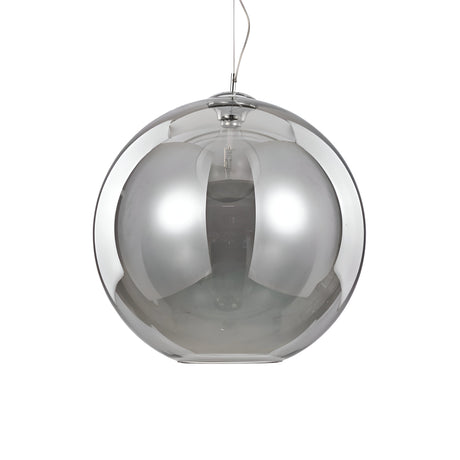 The Emberlyte 1 Light Glass Pendant - Silver, 50cm is a spherical pendant light with a glossy finish, suspended from a cord. This modern lighting fixture features a metallic silver design and dimmable surface that reflects both light and surroundings for a sleek appearance.