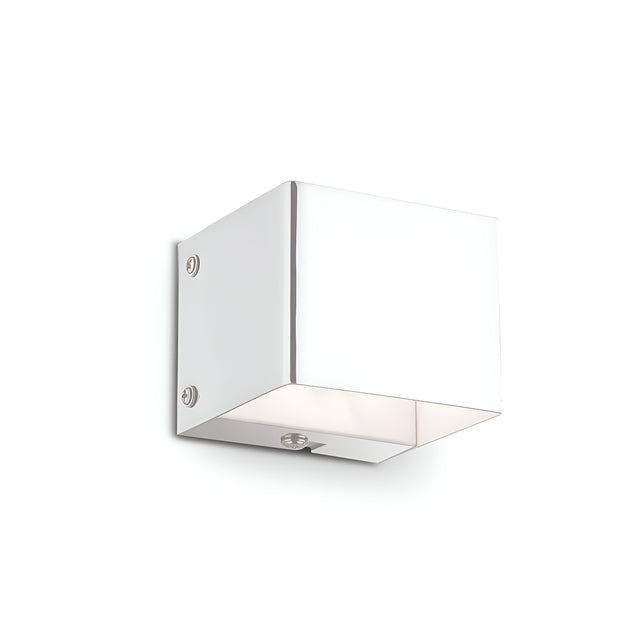 The Vividara Wall Light - White is a sleek, modern fixture with a square design that features clean lines and a minimalist lighting style, perfect for mounting on a plain white wall. Its glossy material is elegantly secured with small screws, exuding contemporary elegance.