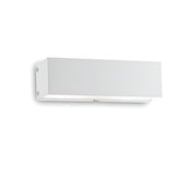 The Vividara 2 Light Wall Light - White showcases a minimalist design and is attractively mounted with three metallic screws on the left side. Its rectangular form and sleek finish emit an ambient glow from the bottom, providing gentle illumination to enhance any space.