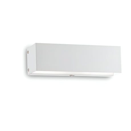 The Vividara 2 Light Wall Light - White showcases a minimalist design and is attractively mounted with three metallic screws on the left side. Its rectangular form and sleek finish emit an ambient glow from the bottom, providing gentle illumination to enhance any space.