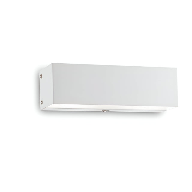 The Vividara 2 Light Wall Light - White showcases a minimalist design and is attractively mounted with three metallic screws on the left side. Its rectangular form and sleek finish emit an ambient glow from the bottom, providing gentle illumination to enhance any space.