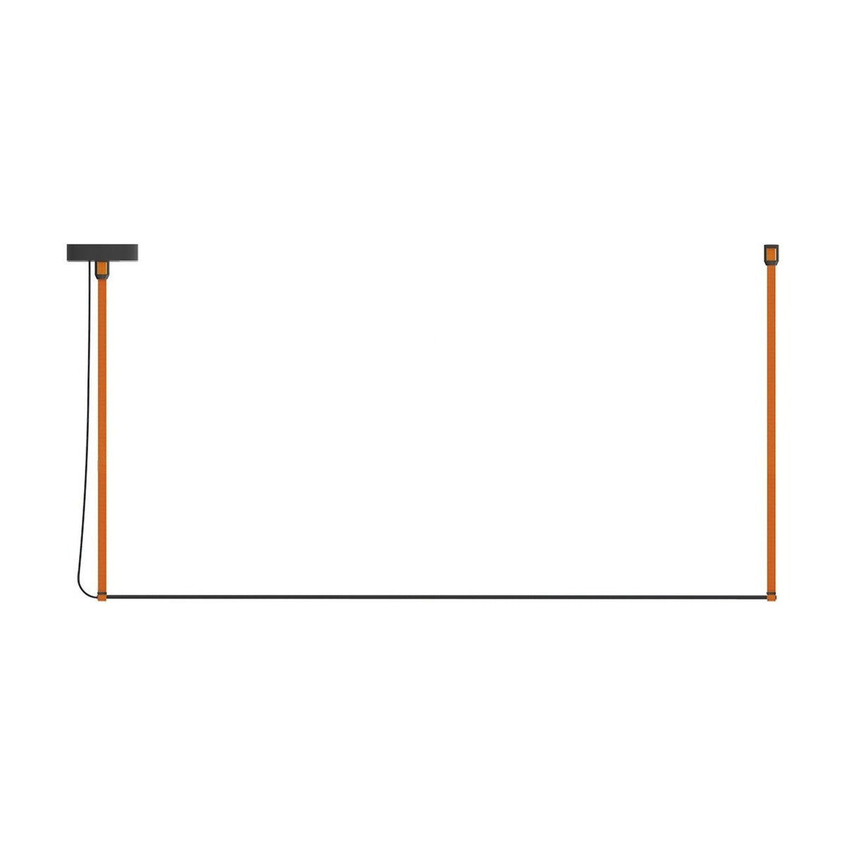 René Mono Horizontal LED Linear Pendant Light in orange, with a slim black horizontal LED bar suspended between two orange uprights and a round ceiling canopy, shown on a white background.