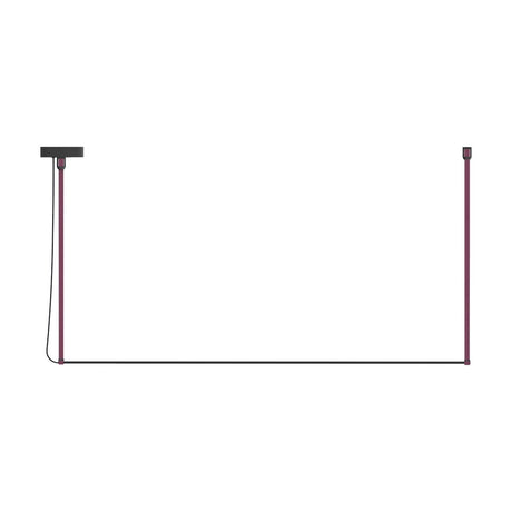 René Mono Horizontal LED Linear Pendant Light in burgundy, a long black bar suspended by two slim burgundy rods from a round black ceiling canopy, shown against a white background.