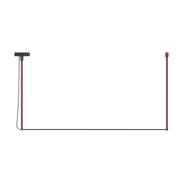 René Mono Horizontal LED Linear Pendant Light in burgundy, a long black bar suspended by two slim burgundy rods from a round black ceiling canopy, shown against a white background.