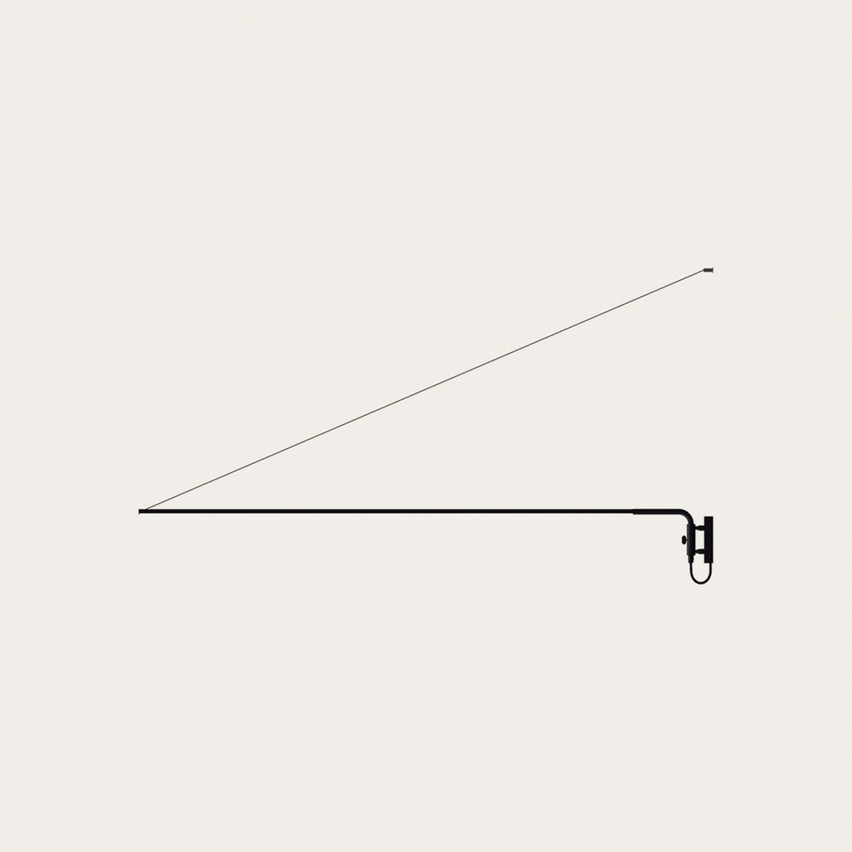 René LED Adjustable Linear Swing Arm Wall Light in matt black, slim bar extending from a wall bracket with a fine tension support rod, on a plain light background.