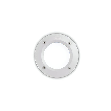 The Polar Recessed Round Outdoor Light in white features a smooth metallic frame with a frosted glass center, resembling a porthole. It is IP66 rated to withstand harsh weather conditions. The fixture is secured with four evenly spaced screws, combining stability with a simple and modern design.