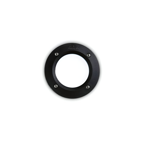 The Polar Recessed Round Outdoor Light - Black is a circular metal porthole with a transparent center, featuring four evenly spaced screws along the outer rim. Made with corrosion-resistant materials, it is perfect for outdoor use against any plain white background and has an IP66 rating for durability.