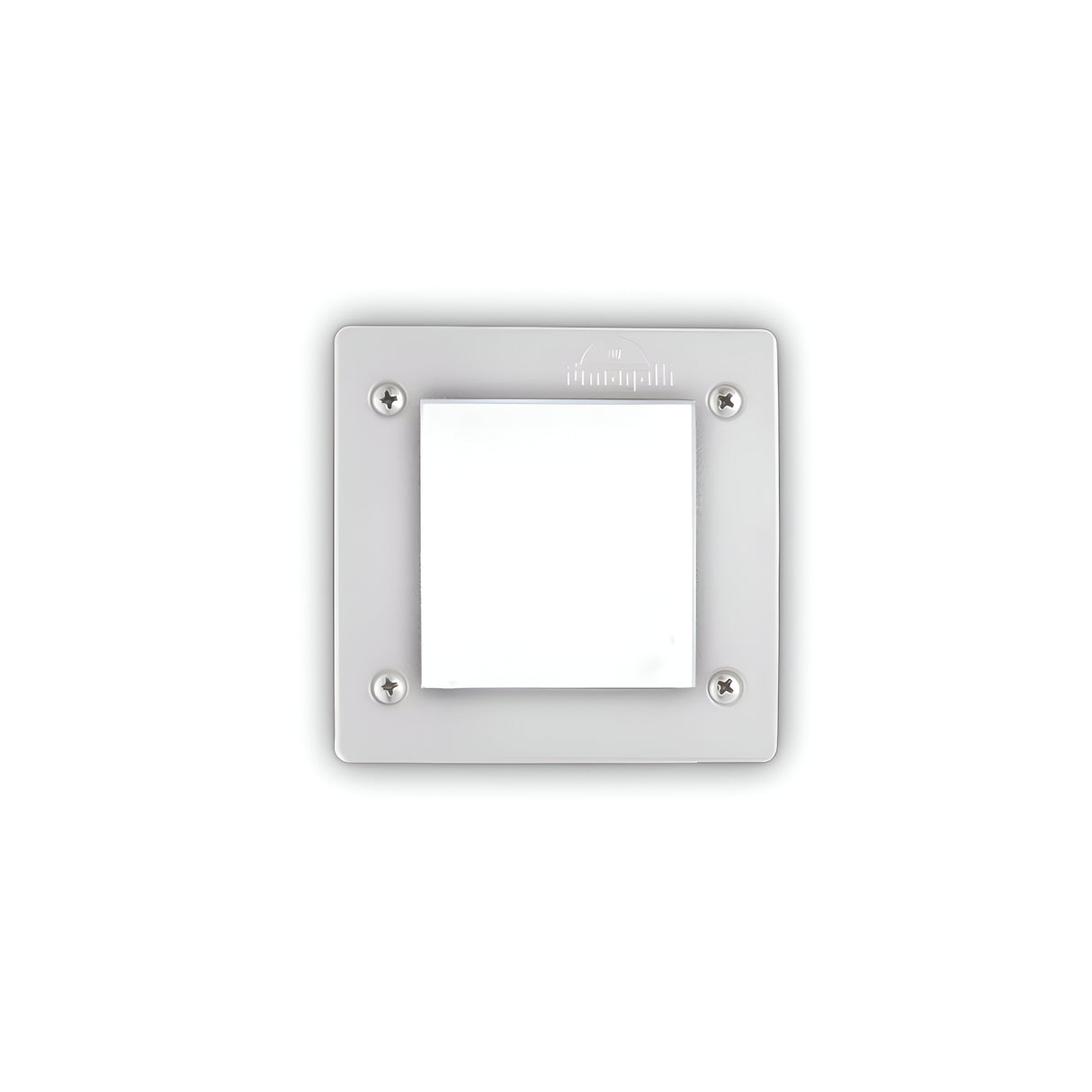 A wall light fixture featuring a square shape with a white frame and four visible screws at each corner. The center boasts a frosted glass panel made from high-performance resin to ensure durability. Intended for indoor use, the brand name is subtly displayed at the top, and it is identified as the Polar Recessed Square Outdoor Light - White.