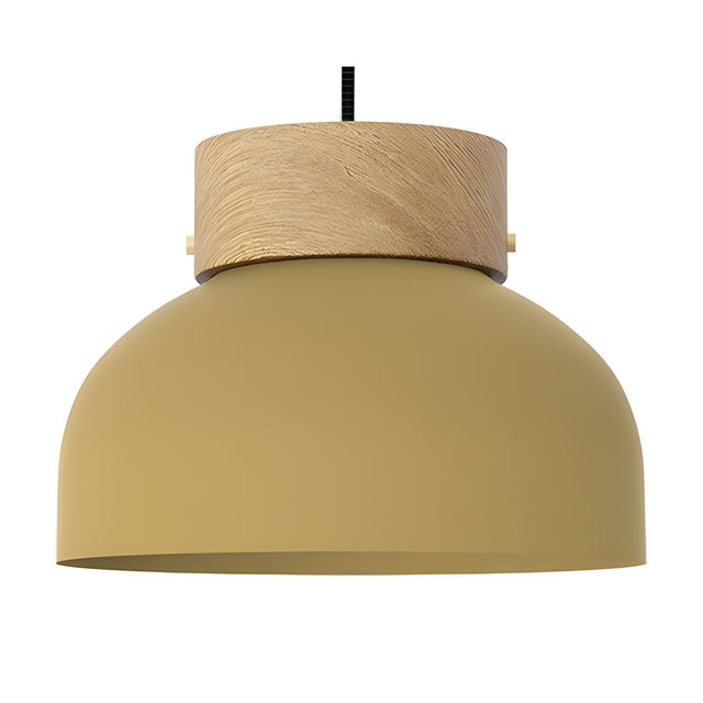 Reiko Flat Pendant Light with Wood Base in Yellow, a dome-shaped aluminium shade with natural ash wood ceiling base, shown on a plain white background.