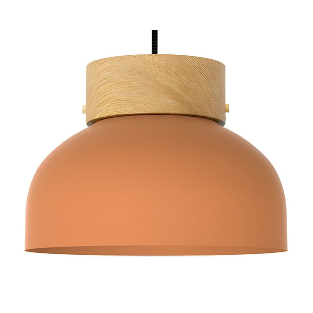 Reiko Flat Pendant Light with Wood Base in Terracotta, a wide shallow aluminium dome shade with a round natural ash wood collar and black cable, shown on a plain white background.