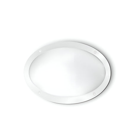 A Clio LED Bulkhead in white, featuring a clear, round, flat design with a white rim against a white backdrop. It is likely crafted from corrosion-resistant materials such as glass or plastic and could function as an IP66-rated cover for outdoor lighting or household use.
