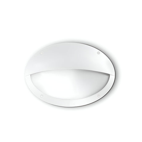 The Clio LED Eyelid Bulkhead - White is a round, flat, white object mounted on a white background, featuring an opaque, slightly curved cover secured by four screws at the edges. Its corrosion-resistant design provides durability while maintaining a sleek and minimalistic aesthetic.