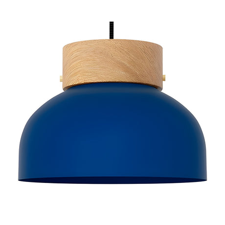 Reiko Flat Pendant Light with Wood Base in Blue, a compact dome-shaped aluminium shade topped with a natural ash wood collar on a black cable, shown against a plain white background.