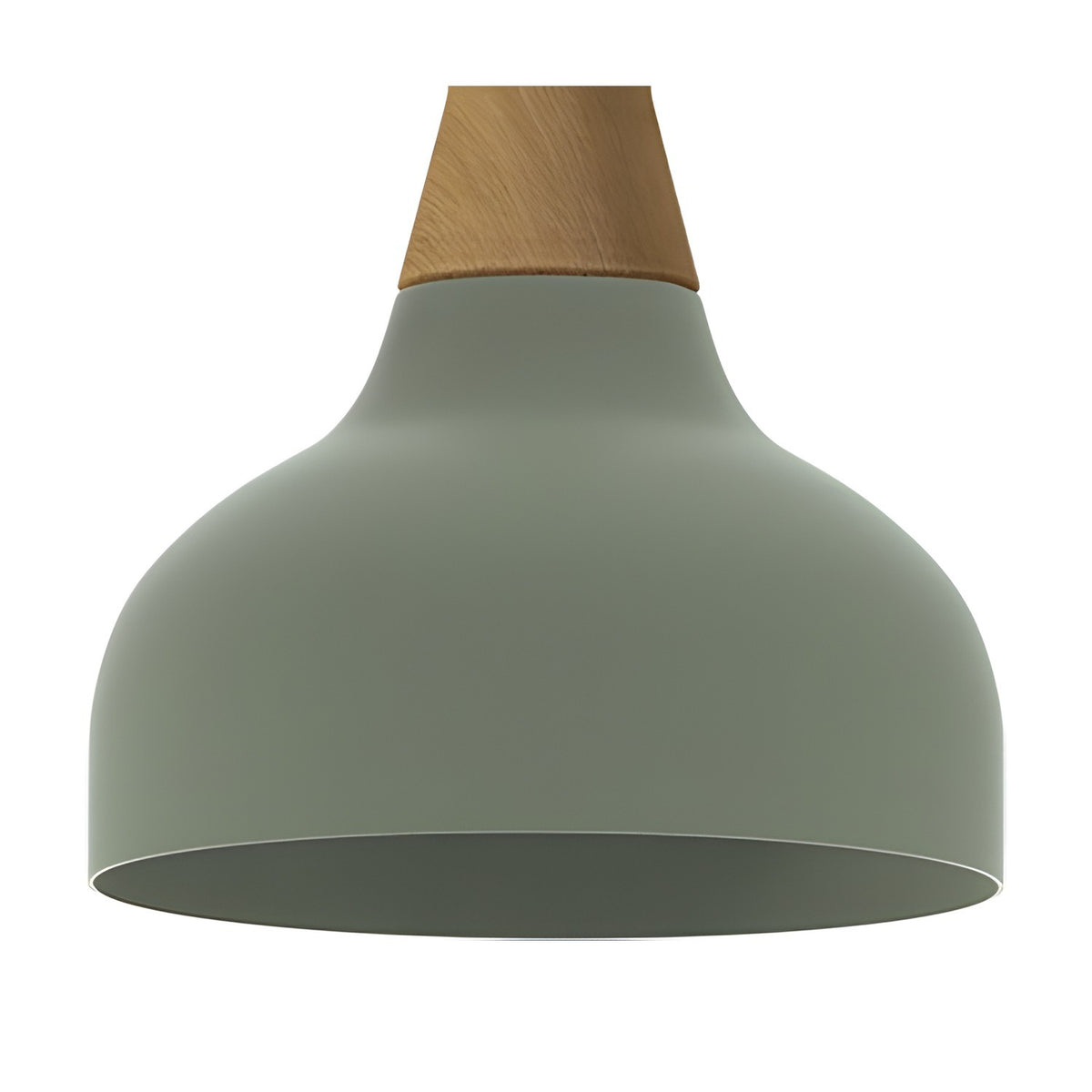 Reiko Cone Pendant Light with Wood Base in Green, featuring a rounded aluminium dome shade and tapered natural ash wood top, shown on a plain white background.